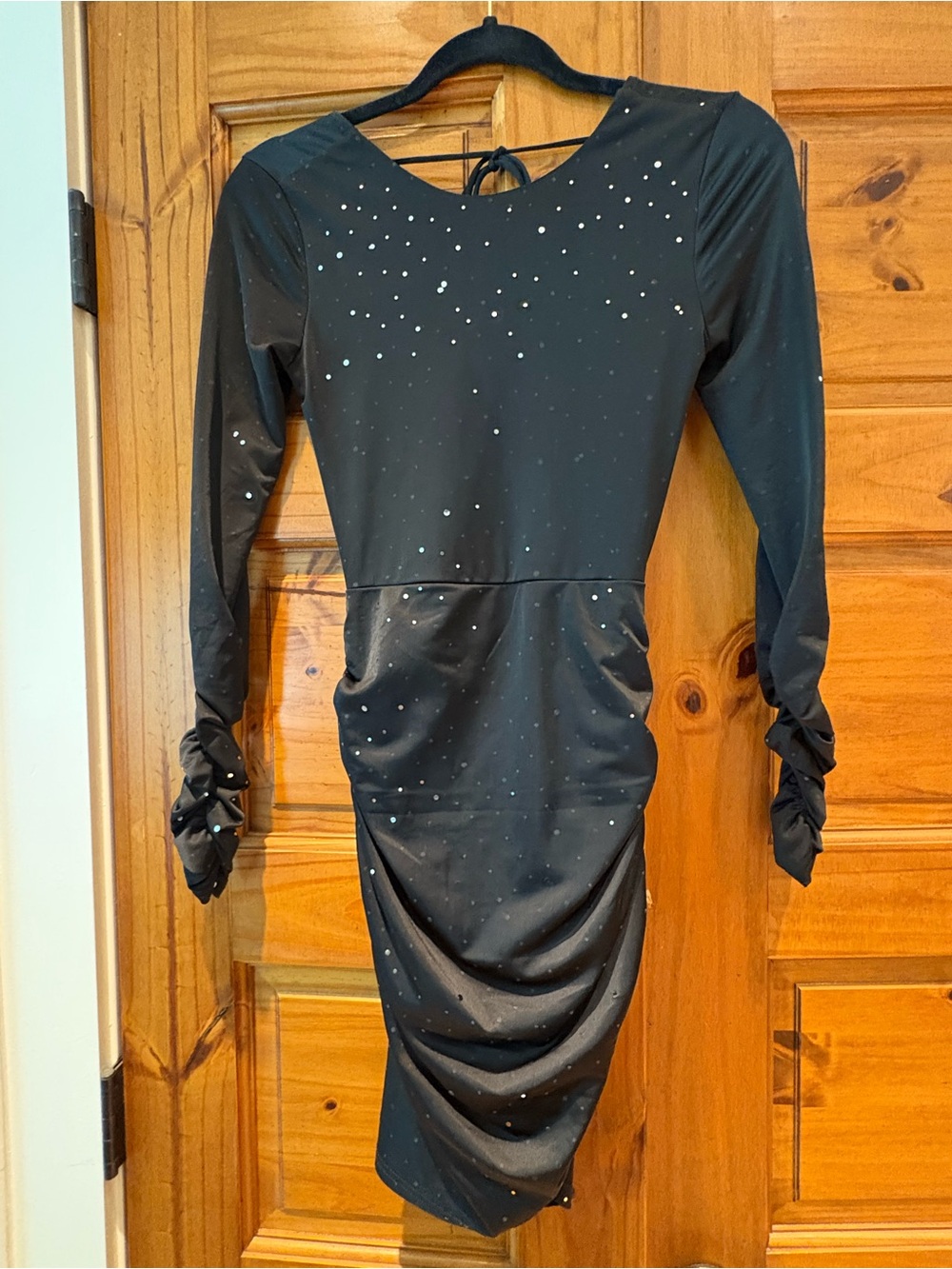 Black Long-Sleeve Ruched Cocktail Dress with Sparkle Detail